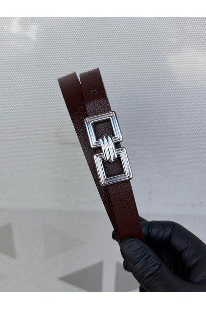 100% Genuine Leather Thin Silver Buckle Bitter Coffee Women's Belt