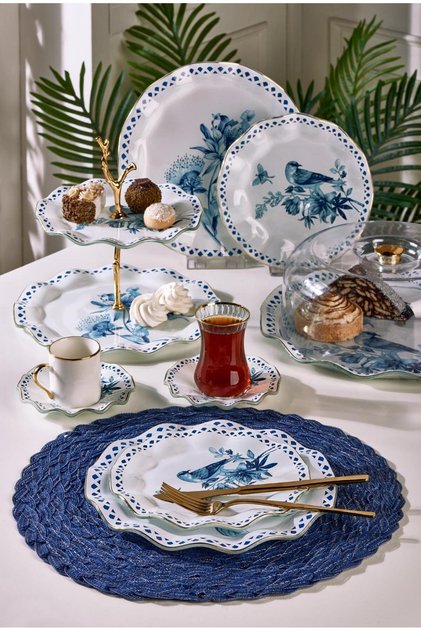 Onedekor 34 Parça Blue Bird Yaldızlı 6 Kişilik Pasta Çay Servis