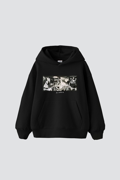 Picasso Guernica Printed Oversize Unisex Black Hoodie