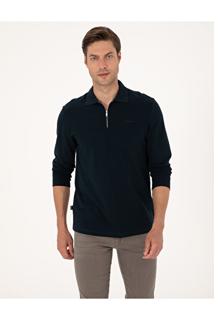 Navy Blue Slim Fit Non-Curling Zippered Polo Collar Basic Pique Sweatshirt 50314046-Vr033