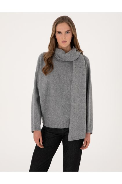 Gray Melange Wool Blend Oversized Sweater with Shawl Detail 50311855-Vr086