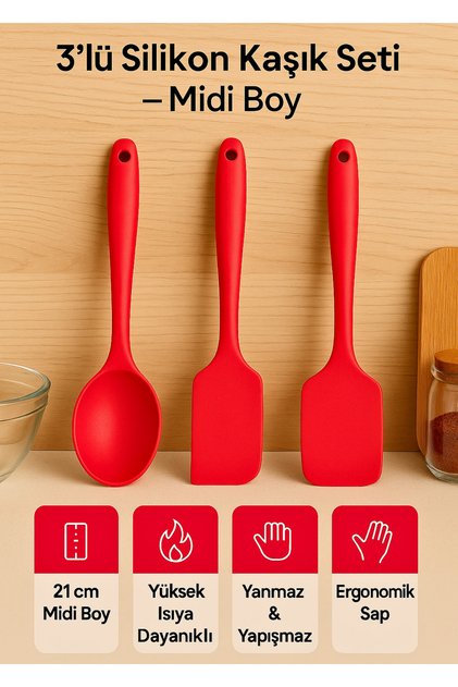 3’lü Silikon Kaşık Seti – 21 cm Midi Boy – Kırmızı, Yanmaz Yapışmaz, Yüksek Isıya Dayanıklı