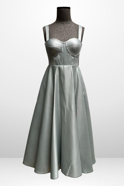 Women's Strappy Back Drawstring Corset Satin Flared Midi Dress Slim Fit