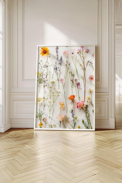 Modern Table with Dried Flowers Design - White Premium Framed