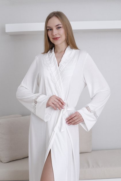 Women's Ecru Shawl Collar Special Design Lace Detailed Cotton Flexible Dressing Gown