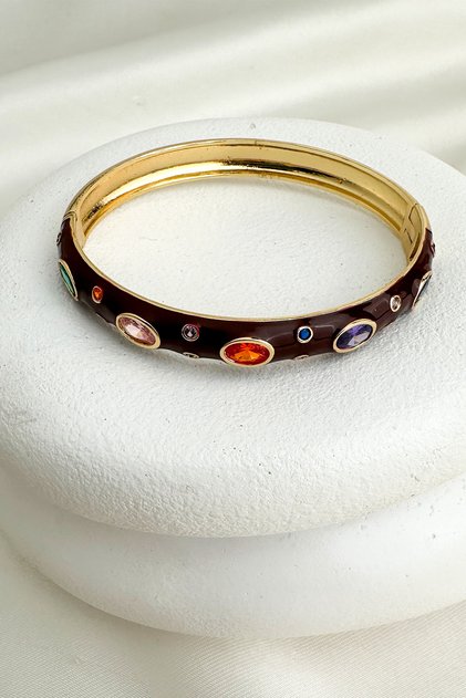 Gold Color Enamel Oval Colored Stone Design Handcuff Bracelet (Diameter: 6cm)
