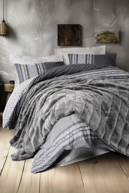 Trim Double Size Fur Blanket Duvet Cover Set Suave Anthracite