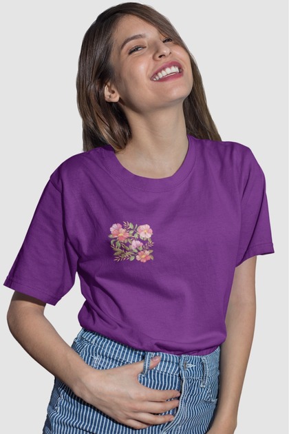 Women's Right Hand Flower Transfer Printed Round Neck Short Sleeve T-Shirt
