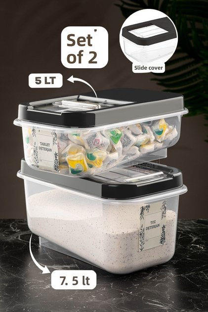 2-Piece Labeled Detergent Storage Container with Sliding Lid -tablet Detergent Storage Box 5l-7.5lt Anthracite