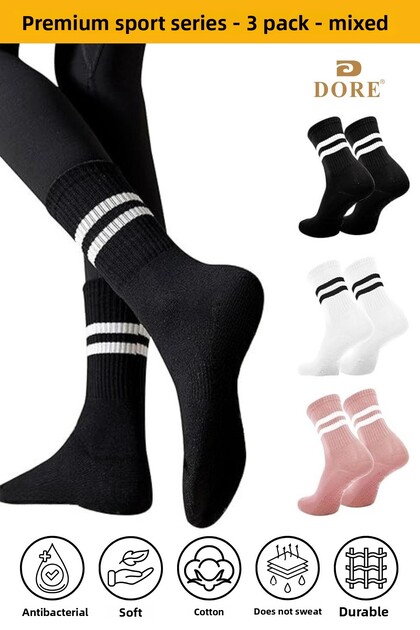 Original Unisex 3 Pairs Premium Cotton 4-Season Comfortable Daily Comfort Model Two-Stripe Solid Color Sweat-Absorbent & Breathable Flexible Heel Toe Reinforced Long Sock Tennis College Sports Socks Set