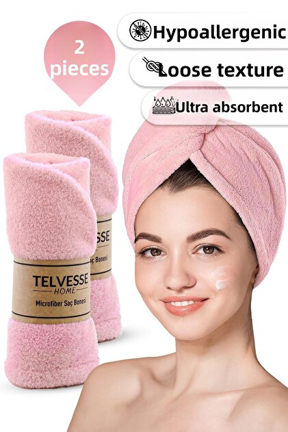 2Pcs Microfiber Hair Towel Elastic Beach Sea Pool Cap Bath Hair Drying Head Towel Pink