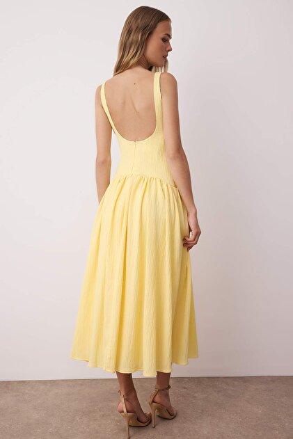 Trendyol Collection Yellow Special Fabric Corset Look Backless Woven Skirt  Wide Midi Dress Twoss25El00882- Trendyol