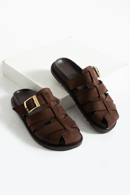 Patter Brown Suede Belt Buckle Detail Flat Sole Women's Slippers