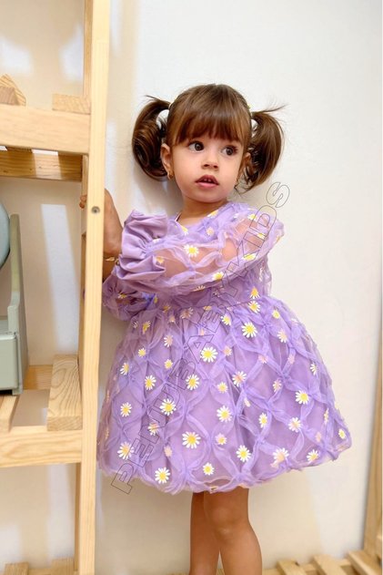 Lilac Embroidery Daisy Embroidered Tulle Long Sleeve Baby Girl & Girl Dress - Elisa