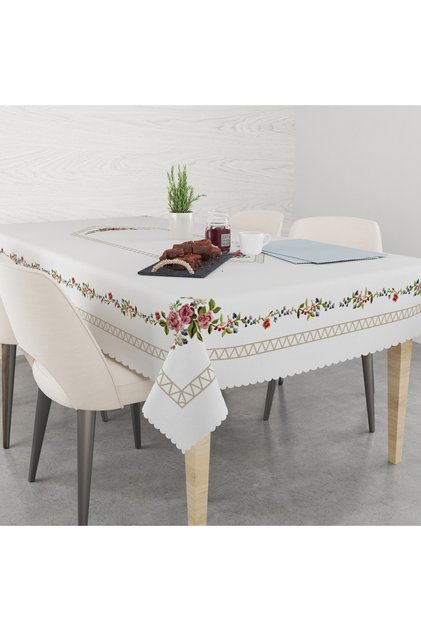 ELEGANT ROSES Patterned Linen Effect Wrinkle-Free Tablecloth