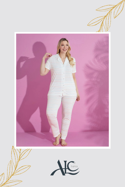 Women's Pajama Set Comfortable Summer Cotton White Striped – Large Size, Short Sleeve, Set of 2