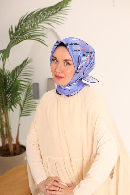 Blue Ecru Patterned Tivil Silk Scarf 11432-57