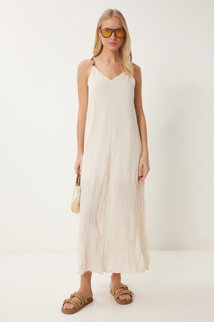 Summer Linen Dress with Wrinkle Effect Cream Lns0069