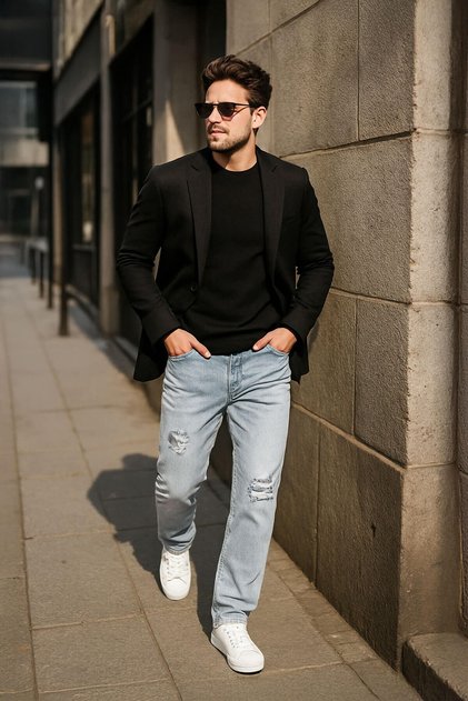 Men's Ripped Jean Pants Light Blue Pipe Leg