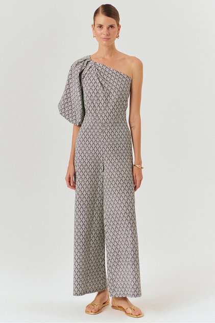 One Shoulder Balloon Sleeve Patterned Cotton Regular Jumpsuit