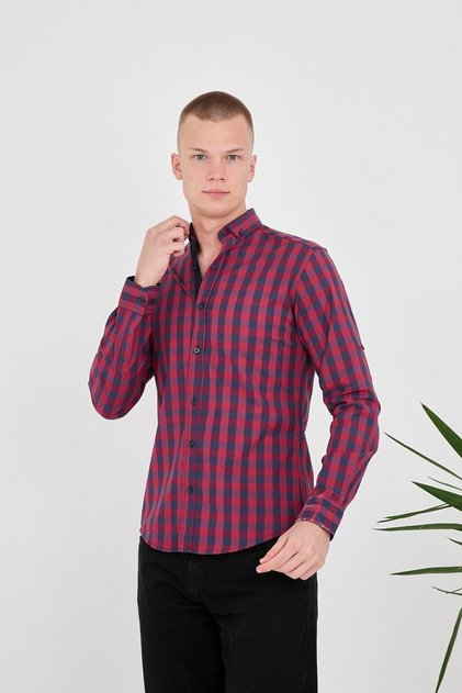 Checkered-Plaid Navy Blue-Burgundy Slim Fit Cotton Flexible Button-Down Collar Men's Shirt