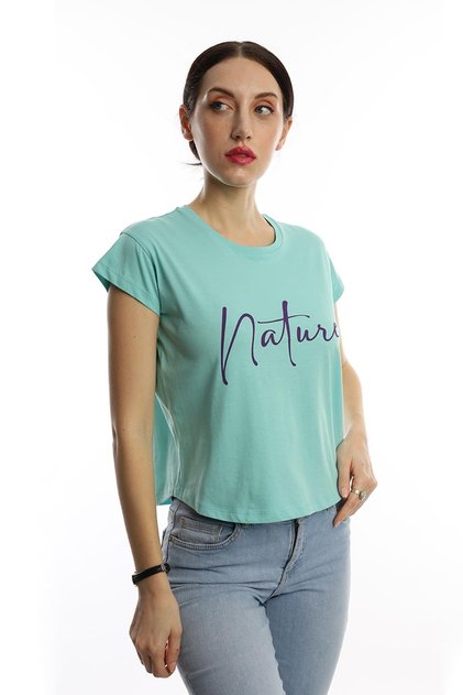 Women's Nature Text Printed Crop T-Shirt Turquoise