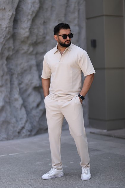 Men's Polo Neck T-Shirt Casual Fit Zipper Snap Detail Bottom Top Suit