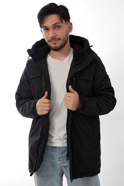Spor Erkek Siyah Içi Polarlı Su Ve Rüzgar Geçirmez Kapüşonlu Kışlık Mont & Kaban & Parka