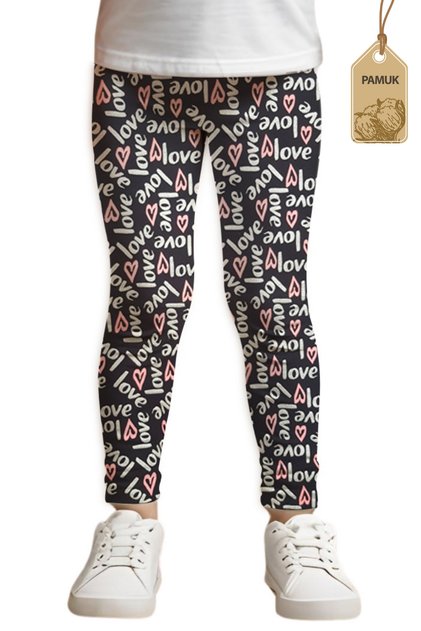 Girls' Leggings - Black Love Patterned Seasonal and Summer Lycra Long Comfortable Cotton Leggings