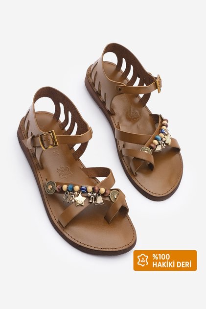 Flip-Flops für Damen aus echtem Leder mit Eva-Sohle, Alltagssandalen, Kitaz Tan