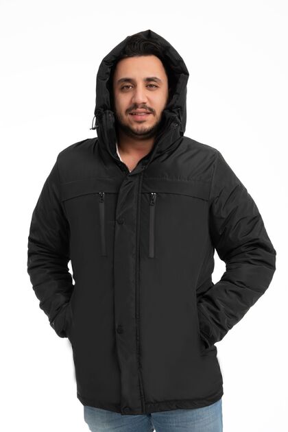 Men's Black Fleece-Lined Water and Windproof Hooded Winter Jacket & Coat & Parka