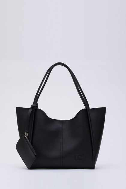 Black Shk108 Snap-Closure Faux Leather Wallet and Makeup Pouch Women's Hand and Shoulder Bag H:25 W:38 D:15 cm