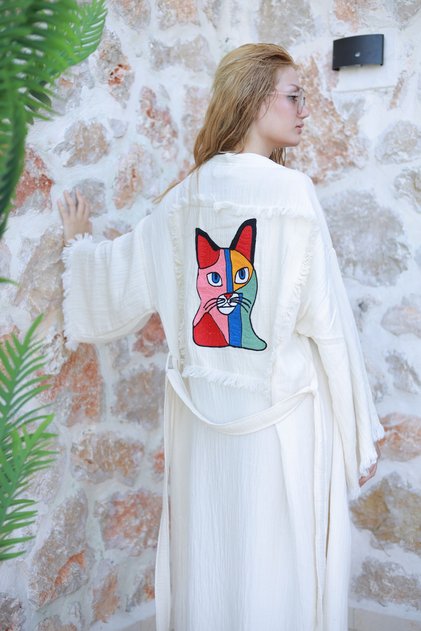 Muslin Kimono Handmade Embroidery Embroidered 100% Cotton Cat Pattern Bathrobe Kaftan Dressing Gown