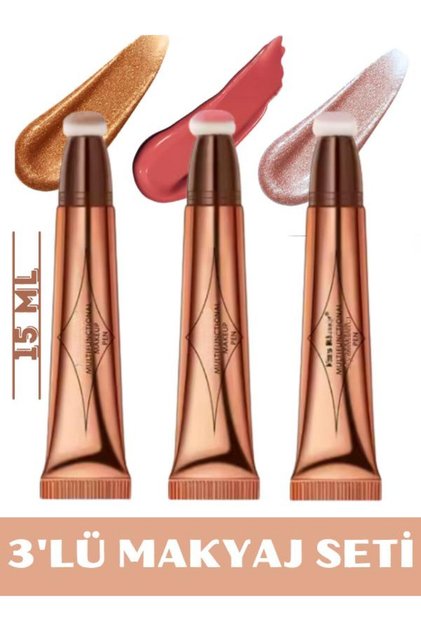 3'li Sünger Başlıklı Makyaj Seti (AYDINLATICI - ALLIK - BRONZER)