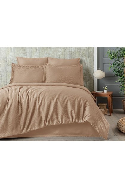 Tivoli Jacquard 100% Cotton Satin Double Duvet Cover Set - Diamond - Cappuccino - 200X220 cm