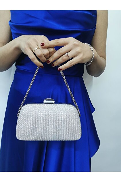 NAZART Kadın Big Taşlı Gümüş Abiye Clutch Portföy Zincir Askılı El