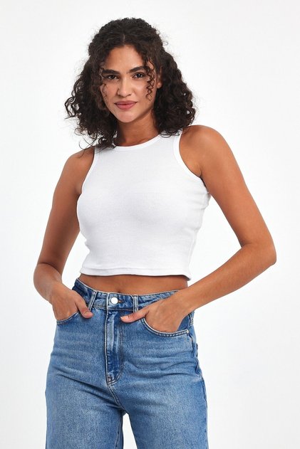 Women's White Ribbed Look Strap Thick Flexible Knitted Basic Crop Tank Top