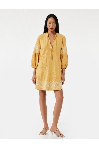 Cotton Embroidery Detail Comfortable Fit Long Balloon Sleeve Tie-Up Neck Mini Dress