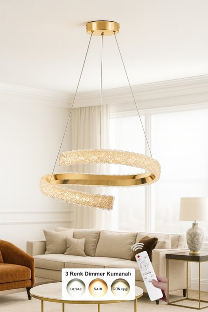 Milly 50 cm Dimmer Kumandalı 3 Renk Ledli (Sarı-Beyaz-Gün Işığı) Modern Akrilik Avize -Gold