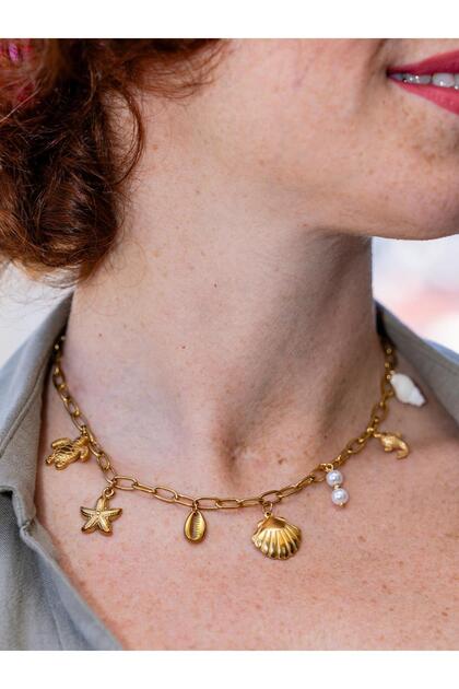Oceana Seashell Turtle Charm Choker Steel Necklace