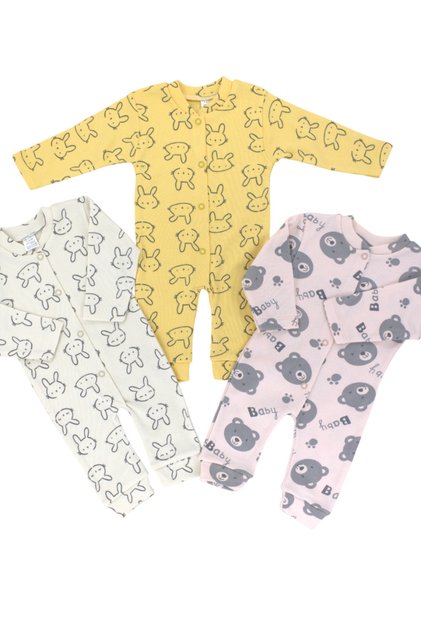 Colorful Patterned Ribbed 3-Piece 100% Cotton Baby Girl Boy Children's Jumpsuit 1-3 Months, 3-6 Months, 6-9 Months