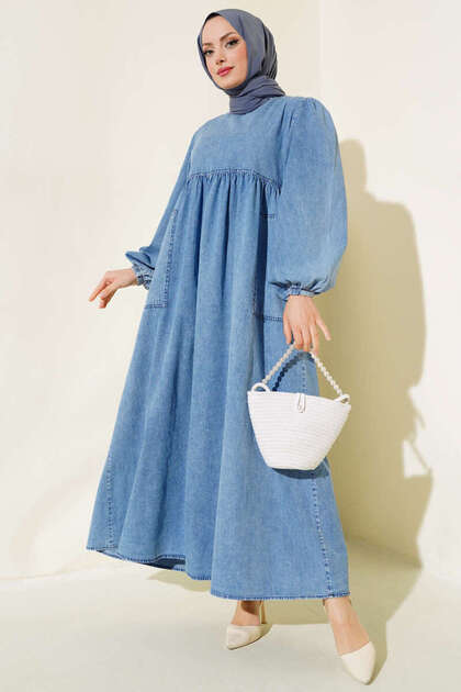 Weak Blue Pleated Casual Hijab Denim Dress- Trendyol