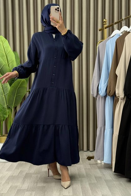 Saliha Dress Muslin Strawberry Fabric Women's Navy Blue Buttoned Wide Cut Dress with Elastic Sleeves
