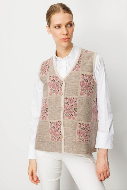 Women's Pıtırcık Flower-Patterned Patchwork Felt Wool Vest Beige_Y.G..Kurusu