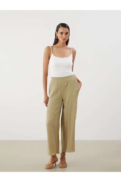 Lcwaikiki Classic Khaki Elastic Waist Textured Women's Trousers