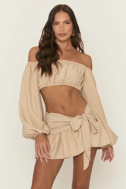 BEJ 8034 Tied-Waist Linen-Look Beach Set