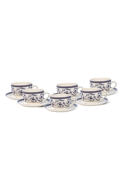Callista 240 ml Ceramic Coffee Cup & Saucer Set (Purple & White, Set Of 6)
