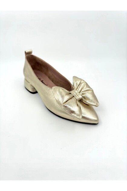 Women's Low Heeled Shoes Soft Bow Genuine Metallic Gold Leather