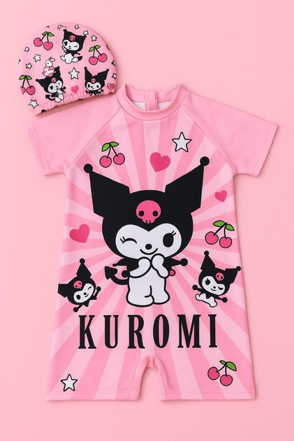 Girl's Kuromi Boned Short Sleeve Zipper Swimsuit