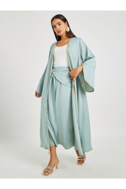Solid Bell Sleeve Open Front Abaya and Twisted Waist Skirt Set
